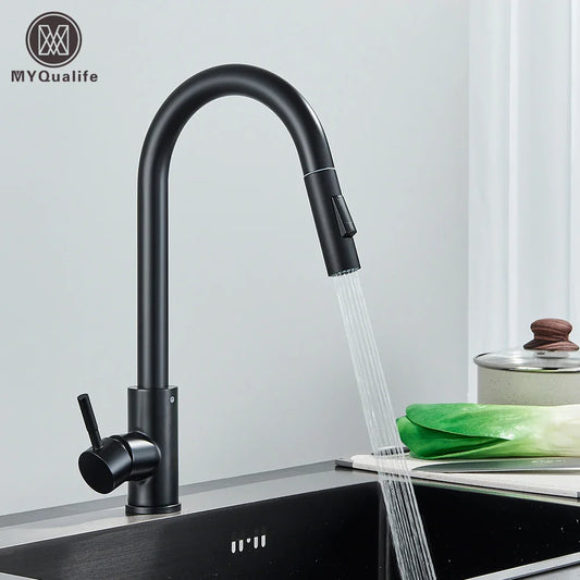 Black Kitchen Faucet - Two-Function Single Handle Pull-Out Mixer Tap with Hot & Cold Water, Deck Mounted