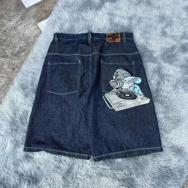 Unisex Y2K Rock Hip Hop Patchwork Denim Shorts – Retro Blue Baggy Cartoon Pattern Casual & Basketball Fitness Shorts
