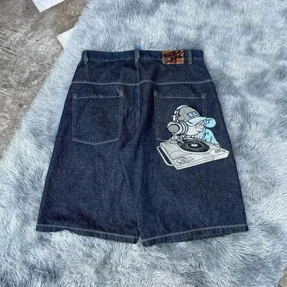 Unisex Y2K Rock Hip Hop Patchwork Denim Shorts – Retro Blue Baggy Cartoon Pattern Casual & Basketball Fitness Shorts