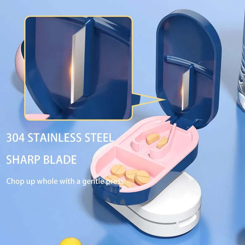 2-in-1 Pill Cutter with Invisible Storage Box – Portable Mini Tablet & Medicine Crusher, Dustproof Divider Organizer