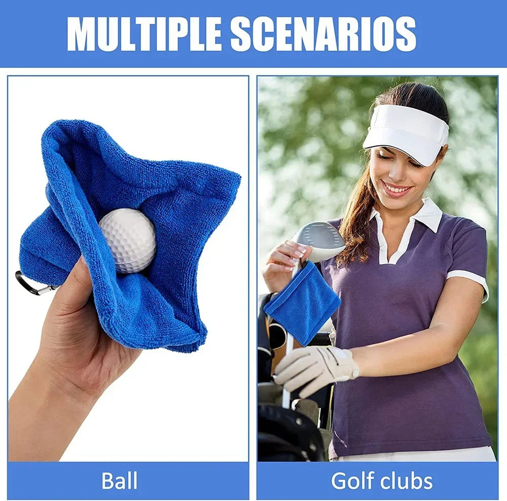 Square Microfiber Golf Ball Cleaning Towel – Water Absorbent Cloth with Carabiner Hook for Clubs and Balls