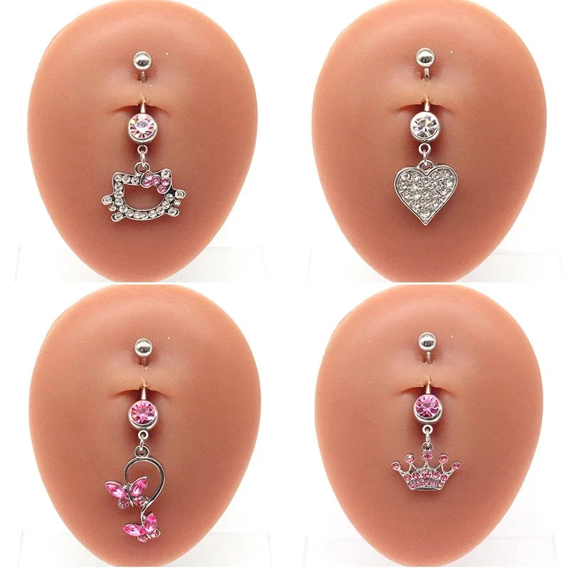 Sweet Butterfly Crown Heart Belly Button Ring – Pink & White Crystal Hello Kitty Dangle Navel Piercing Jewelry for Women