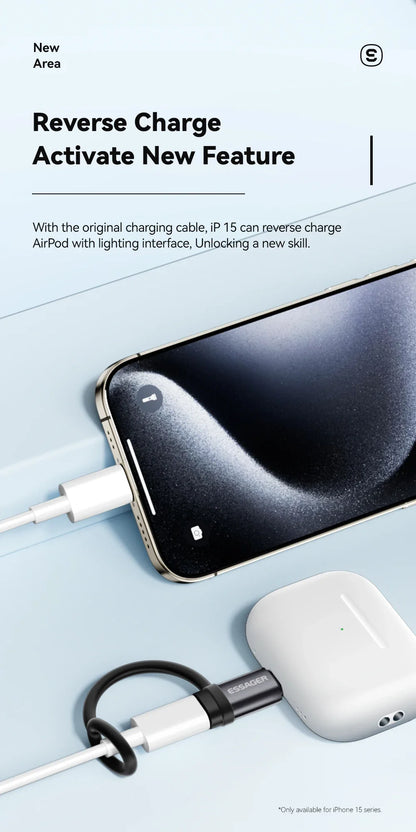 Essager Lightning to Type-C Adapter – 3A Fast Charging iOS Female to Type-C Male Connector for iPhone 15/14/13 Pro, iPad Converter