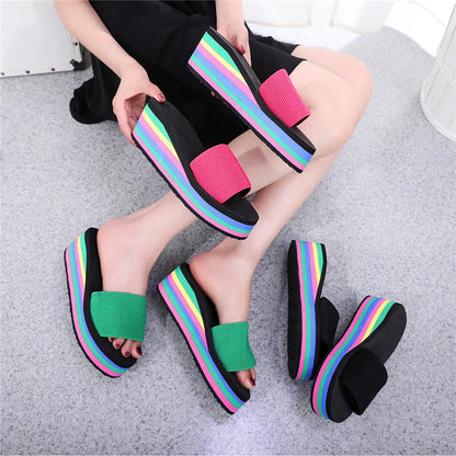 Summer Women’s Rainbow Bohemian Clip Toe Flip Flops – Non-Slip Wedge Beach Sandals