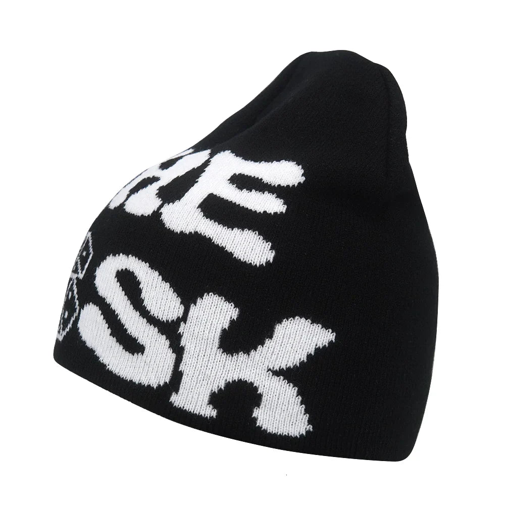 Y2K Letter Knitted Beanie Cap – Unisex Winter Autumn Warm Ski Skullcap, Hip Hop Streetwear Ear Cover Hat for Men & Women