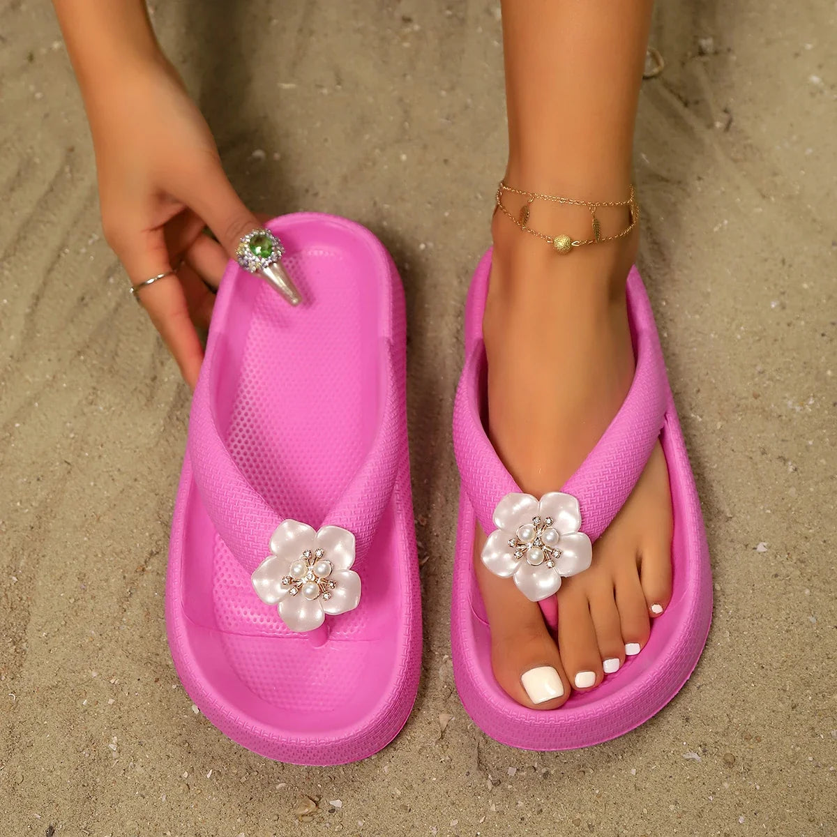 Women’s Phalaenopsis Flower Flip Flops - Cute Multicolor Summer Slippers