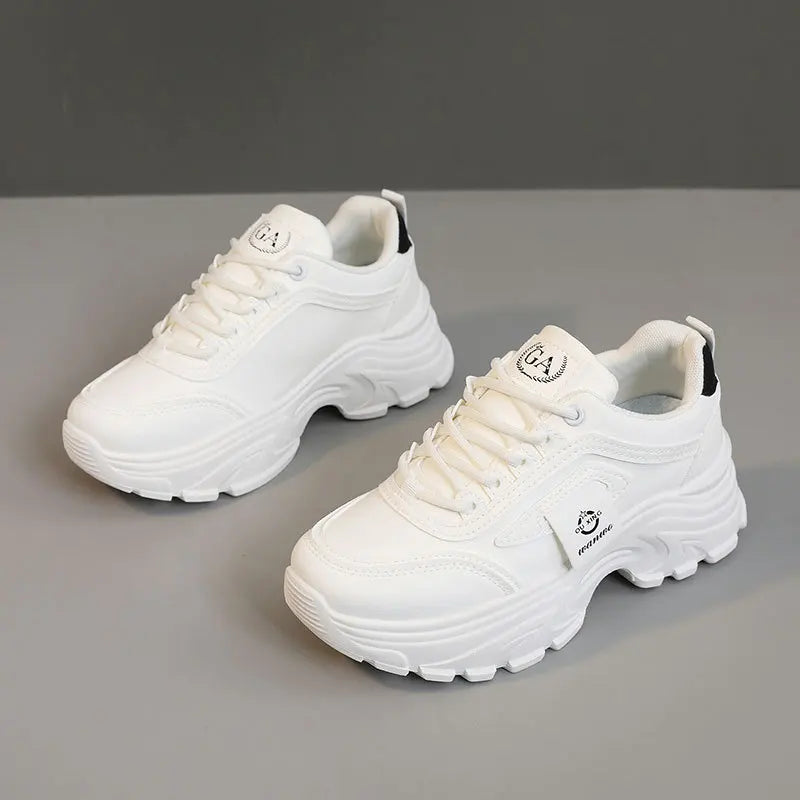 Women’s Leather Sneakers – Height-Increasing Lace-Up Platform Shoes, Casual Outdoor Vulcanized Designer Footwear