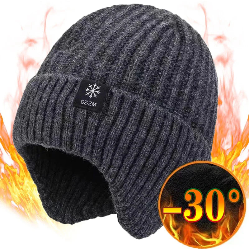 Men's Winter Knitted Bomber Hat with Ear Flaps - Plush Warmth, Faux Fur Lined, Casual Fashion Peaked Cap for Cycling