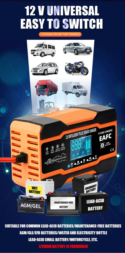 12V/24V Smart Battery Charger — 10A/12A Fast Charger with 7-Stage Pulse Repair for AGM, GEL, WET Lead-Acid Car Batteries