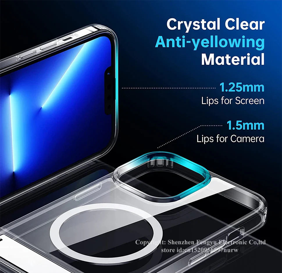 Clear Magnetic Phone Case with Kickstand for iPhone 16, 15, 14, 13, 12, 11 Mini – MagSafe Compatible, Wireless Charging Back Cover