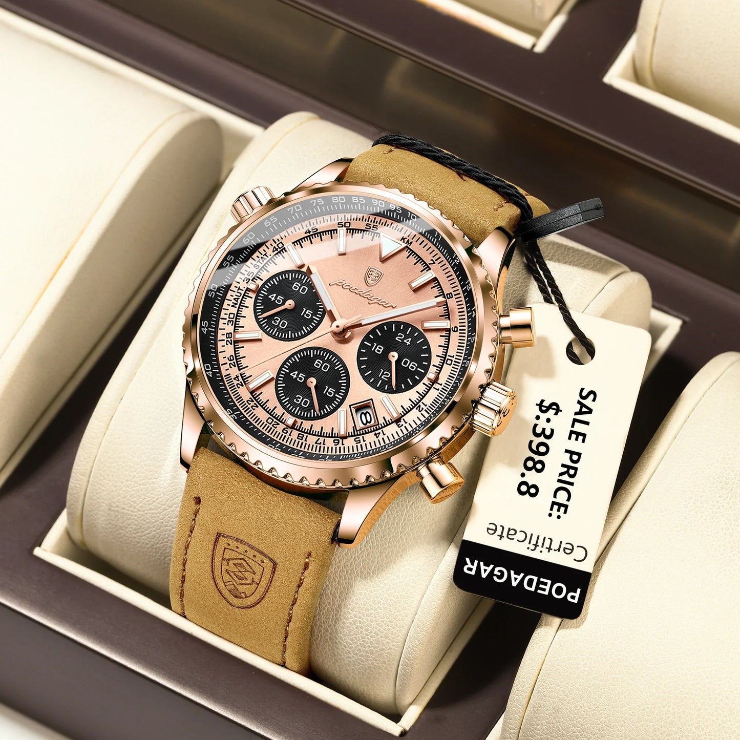 POEDAGAR Luxury Men's Quartz Watch Waterproof Luminous Date Chronograph Leather Military Sports Wristwatch