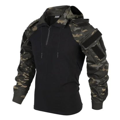 Men’s Tactical Camo Hooded Combat Shirt – Durable Cotton Airsoft & Paintball Hunting Outdoor Wear-Resistant Military Style T-Shirt