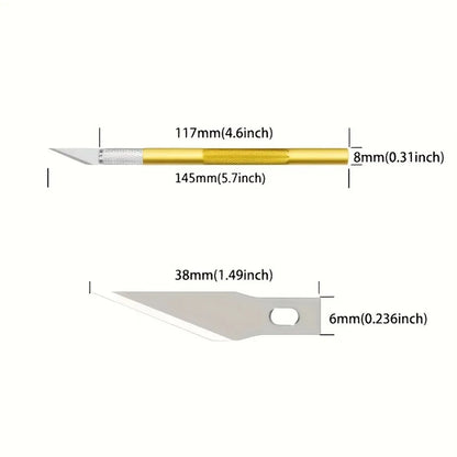 12 Piece Engraving Non-Slip Metal Scalpel Kit – Includes 1 Carving Knife and 11 Blades – Craft Hobby Tools in Gold/Silver, Aluminum
