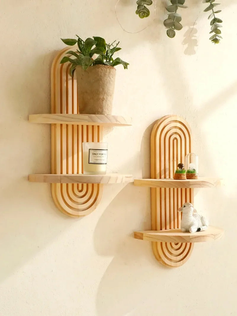 Wooden Wall-Mounted Shelves – Boho Style Rack for Living Room & Bathroom Home Decor