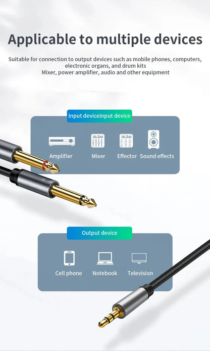 3.5mm to Dual 6.5mm TRS Audio Cable – AUX Adapter for Mixer, Amplifier & Speaker (6.35mm Jack)