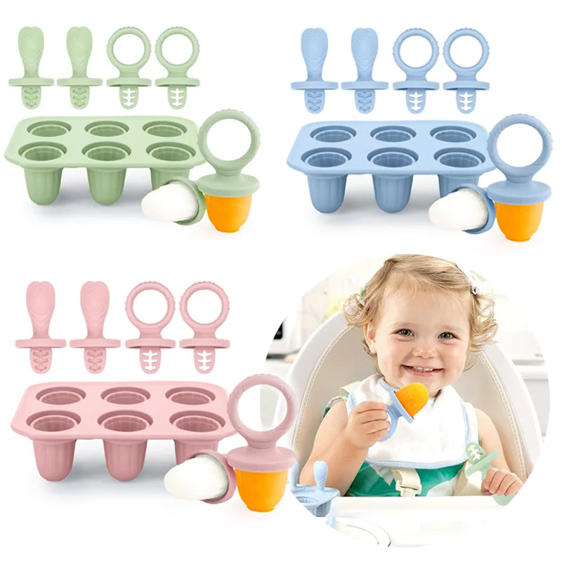 4/6 Cavity Baby Teething Ice Cream Mold – Silicone Freezing Milk Popsicle Stick Maker for DIY Homemade Summer Treats & Kitchen Use