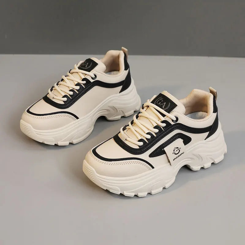 Women’s Leather Sneakers – Height-Increasing Lace-Up Platform Shoes, Casual Outdoor Vulcanized Designer Footwear