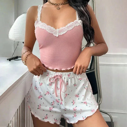 Women’s Sexy Lace Camisole & Shorts Sleepwear Set (2-Piece) – Slim Fit Home Loungewear Pajama Outfit for Comfort & Style, New 2025 Collection (Pink, Coffee, Blue)