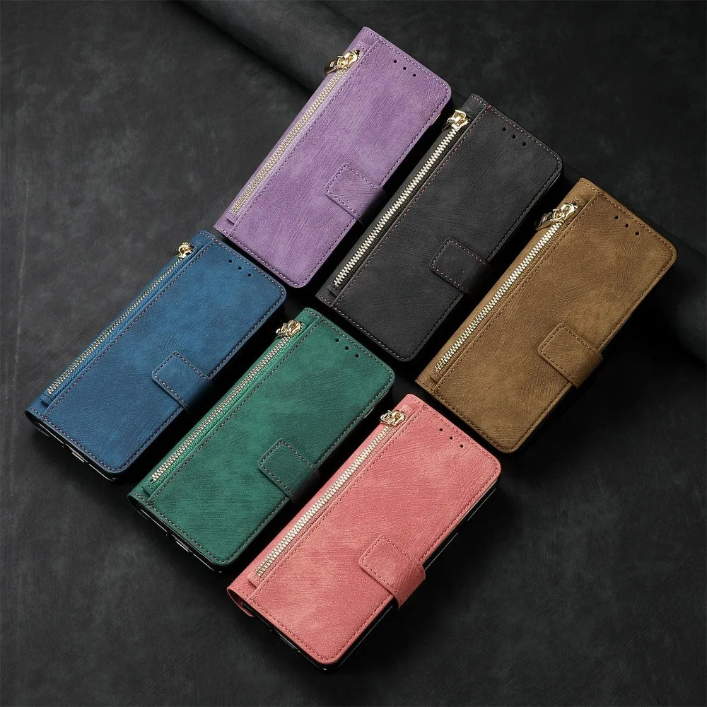 2-in-1 Detachable Leather Wallet Case for Samsung Galaxy Z Fold 6/5/4/3 – Zipper Card Slot Cover 5G Compatible