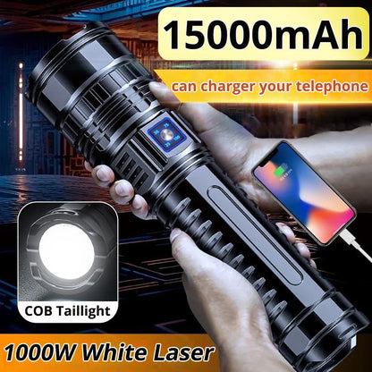 1000W Tactical LED Flashlight – Built-in 15000mAh Battery Emergency Spotlight, 9km Beam, 990,000,000LM Super Bright Torch