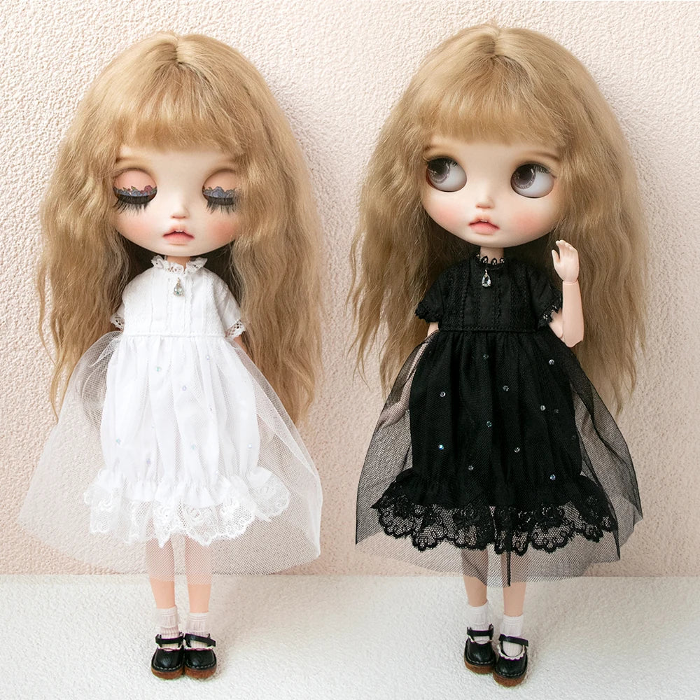 Blythe Doll Clothes Plaid Pleated Skirt & Off-Shoulder Top Tulle Dress Set — Ruffle Skirt for Licca, Azone, OB22, YMY Doll Accessories