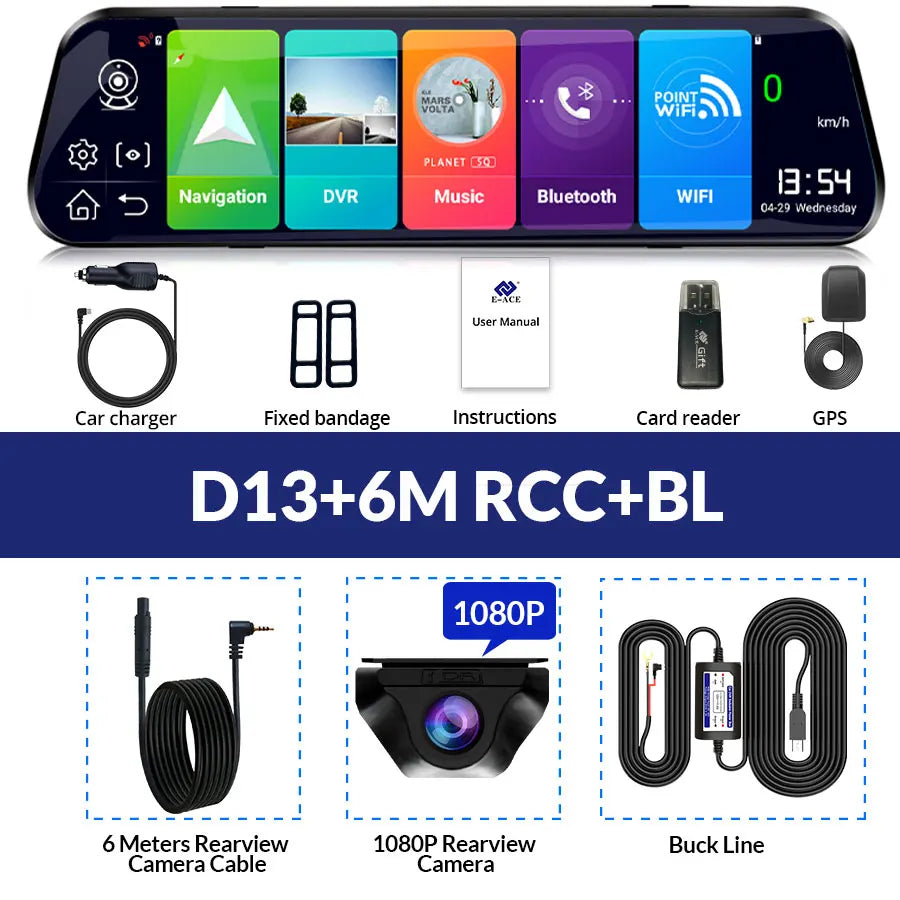 E-ACE 10'' 4G Android Dash Cam – FHD 1080P Dual Lens Rearview Mirror DVR with ADAS & Streaming