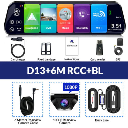 E-ACE 10'' 4G Android Dash Cam – FHD 1080P Dual Lens Rearview Mirror DVR with ADAS & Streaming