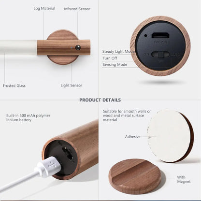 LED Wood USB Night Light: Magnetic Wall Lamp for Kitchen, Closet, Bedroom - Versatile Bedside and Staircase Lighting Solution
