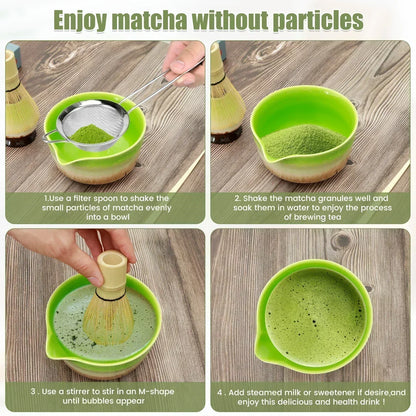 4-Piece Matcha Whisk Set - Handmade Bamboo Tea Whisk, Scoop, Strainer & Storage Holder