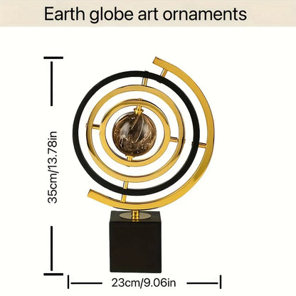 Modern Abstract Metal Globe Sculpture - Black & Gold Home Office Decor with Rectangular Base