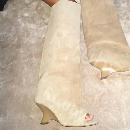 Women’s Knee-High Suede Boots - Peep Toe Wedge Heels for Party, Wedding & Versatile Style