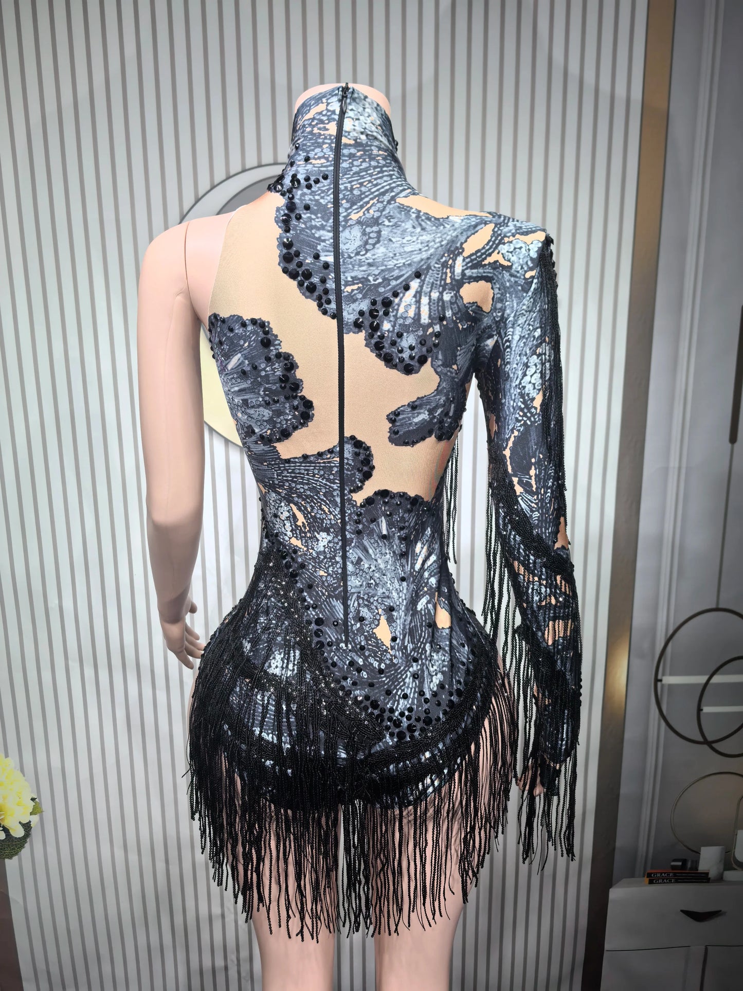 Sparkly Blue Rhinestone Leotard - One-Shoulder Fringe Bodysuit for Dance, Stage & Performance