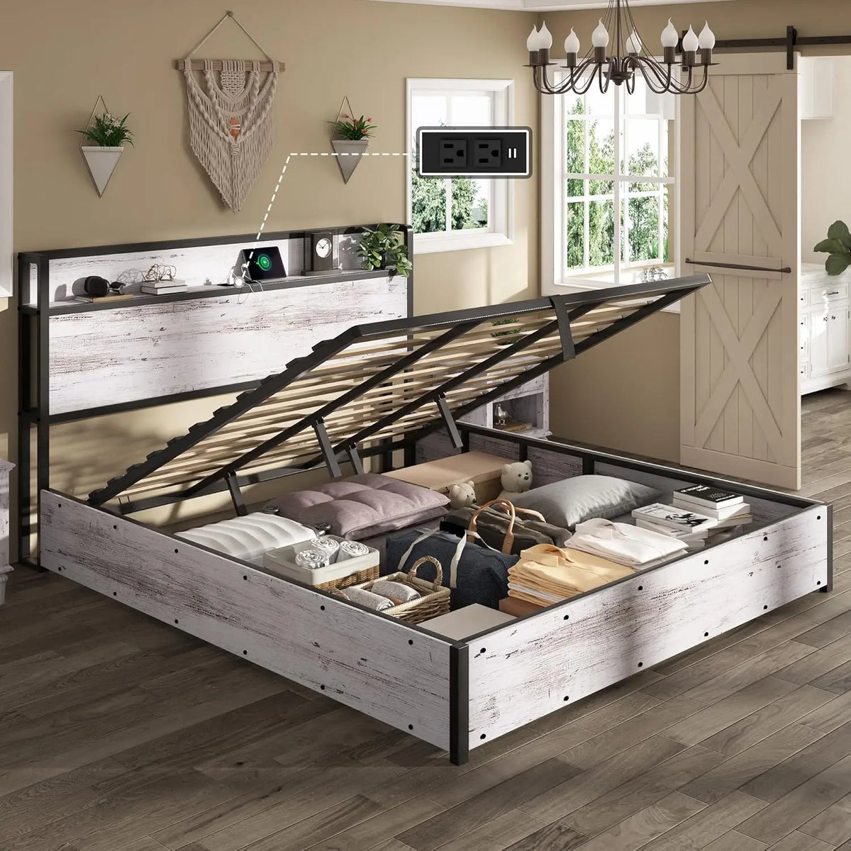 King Lift-Up Storage Bed Frame - Wooden Platform Bed with USB Charging, No Box Spring Required