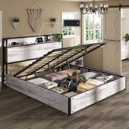 King Lift-Up Storage Bed Frame - Wooden Platform Bed with USB Charging, No Box Spring Required