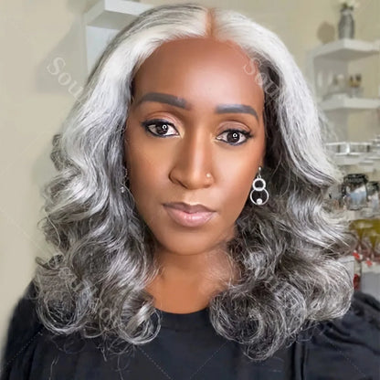 Soul Lady Salt & Pepper 5x5 Glueless HD Lace Closure Wig – Body Wave Bob, Silver Grey Loose Wave Human Hair for Black Women