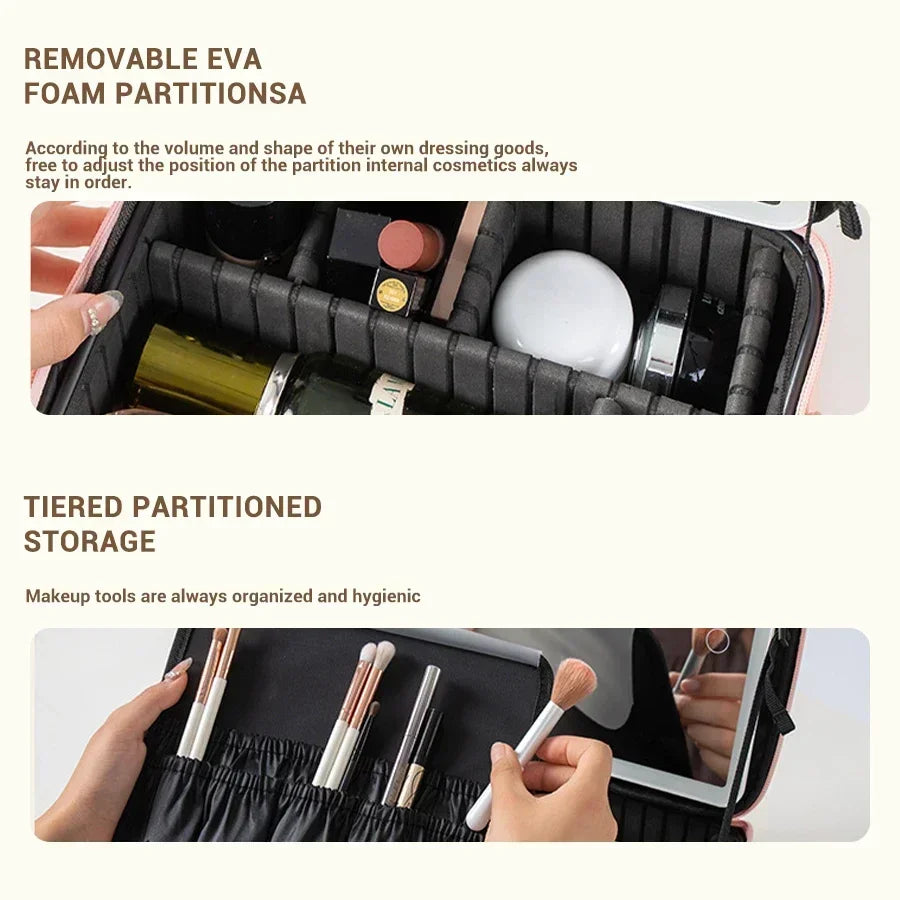 LED Lighted Cosmetic Case with Mirror - PU Leather Portable Travel Makeup Bag - Waterproof Makeup Storage