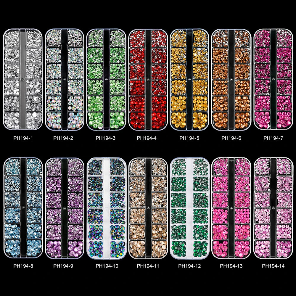 12-Grid 3D Glass AB Crystal Nail Art Rhinestones Kit – Flatback Round Beads with Tools for Nail Jewelry & Diamond Decoration