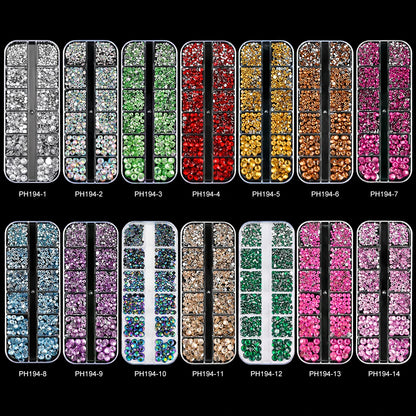 12-Grid 3D Glass AB Crystal Nail Art Rhinestones Kit – Flatback Round Beads with Tools for Nail Jewelry & Diamond Decoration