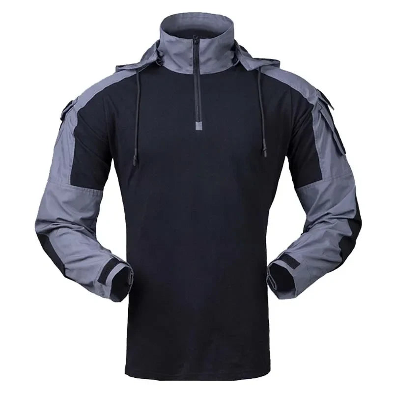 Men’s Tactical Camo Hooded Combat Shirt – Durable Cotton Airsoft & Paintball Hunting Outdoor Wear-Resistant Military Style T-Shirt