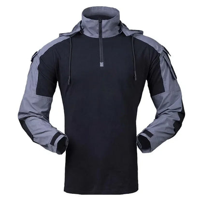 Men’s Tactical Camo Hooded Combat Shirt – Durable Cotton Airsoft & Paintball Hunting Outdoor Wear-Resistant Military Style T-Shirt