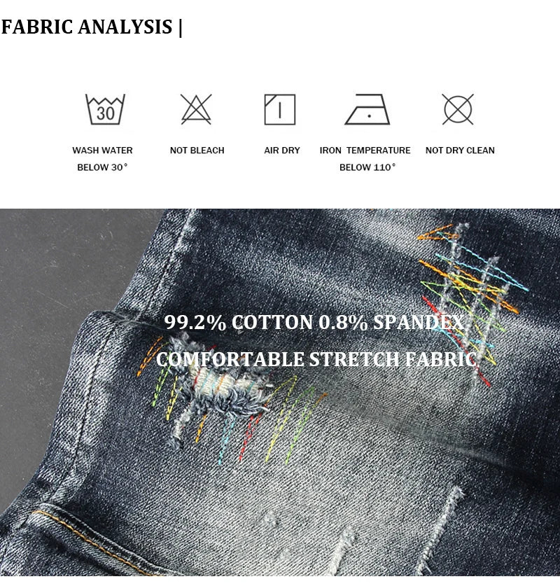 Streetwear Men’s Slim Fit Ripped Jeans – Retro Black & Blue Spliced Denim with Designer Embroidery, Hip Hop Fashion