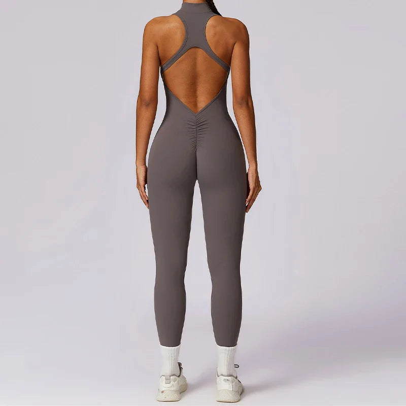 Women’s V-Back One-Piece Sports Jumpsuit — Sleeveless Yoga Romper with Zipper Workout Bodysuit