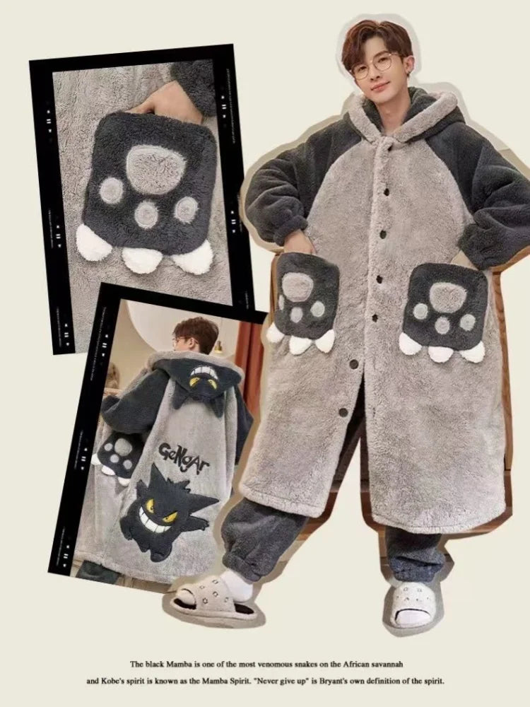 Gengar Pokemon Pajamas Set — Men’s Large Winter Coral Fleece Hooded Nightgown, Thick Warm Anime Home Suit