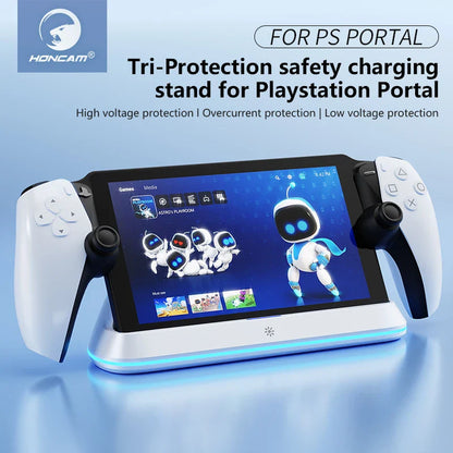 HONCAM Charging Dock Station for PlayStation Portal – RGB Light Stand with 7 Modes & Safe Tri-Protection Charging Base