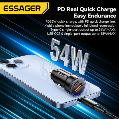 Essager 54W Car Charger – 5A Fast Charging USB Type-C QC 3.0 PD 3.0 SCP Dual Port Quick Charge Adapter for iPhone, Samsung & Xiaomi Devices