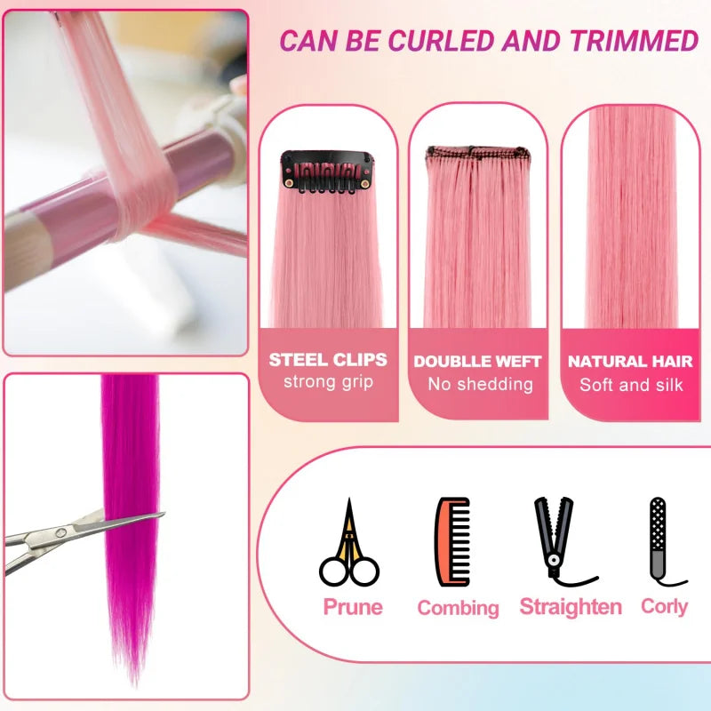 1/5/11 Pack 22" Clip-In Multi-Color Rainbow Hair Extensions – Synthetic Highlights for Girls, Women & Kids