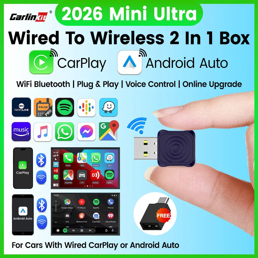 CarlinKit 5.0 Mini Ultra Wireless CarPlay & Android Auto Adapter – Plug & Play OEM Car Upgrade with WiFi & Bluetooth Auto Connection
