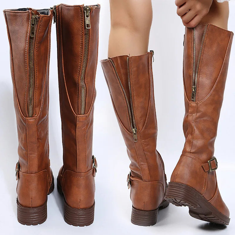 Women’s Knee-High Platform Boots – Low Heel Round Toe Brown PU Leather Long Boots with Zipper, Vintage Style 2025