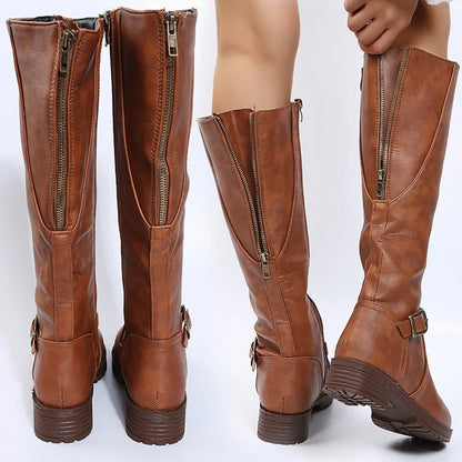 Women’s Knee-High Platform Boots – Low Heel Round Toe Brown PU Leather Long Boots with Zipper, Vintage Style 2025