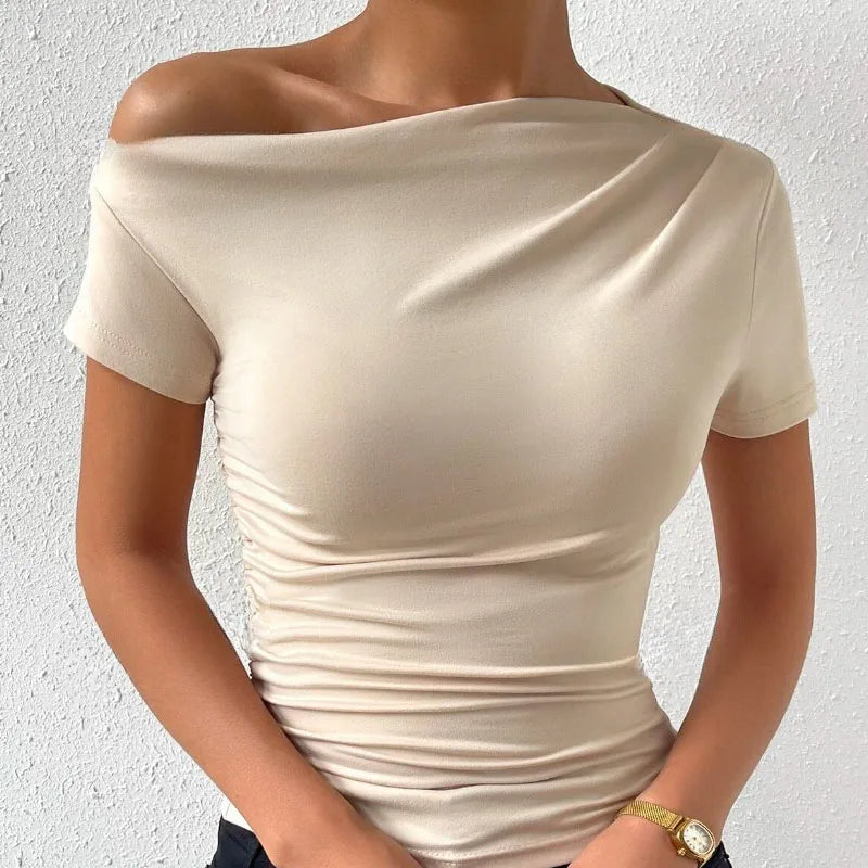 Solid One Shoulder T-Shirt - Elegant Short Sleeve Ruched Top for Women's Spring and Summer Fashion